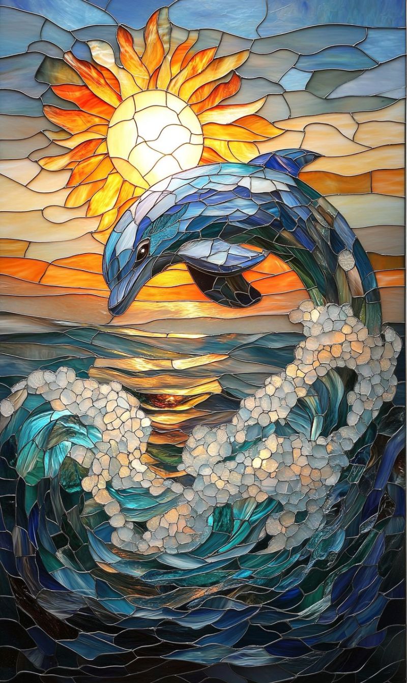 Stained glassss sun dolphin mosaic ocean themed window handmade decoration coastal glass blue sculpture waves marine life piece decorative sunset person in a costume that resembles an insect, specifically a butterfly. They are wearing a vibrant and colorful outfit, which consists of a winged garment designed to mimic the appearance of wings, along with other adornments such as patterns and possibly jewelry or accessories that suggest a fantastical or magical theme. The individual is standing in an outdoor environment, likely a festival or event, as suggested by the presence of other people in the background who are also dressed in various costumes. The atmosphere appears to be festive and lively, with the focus on the person in the butterfly costume.