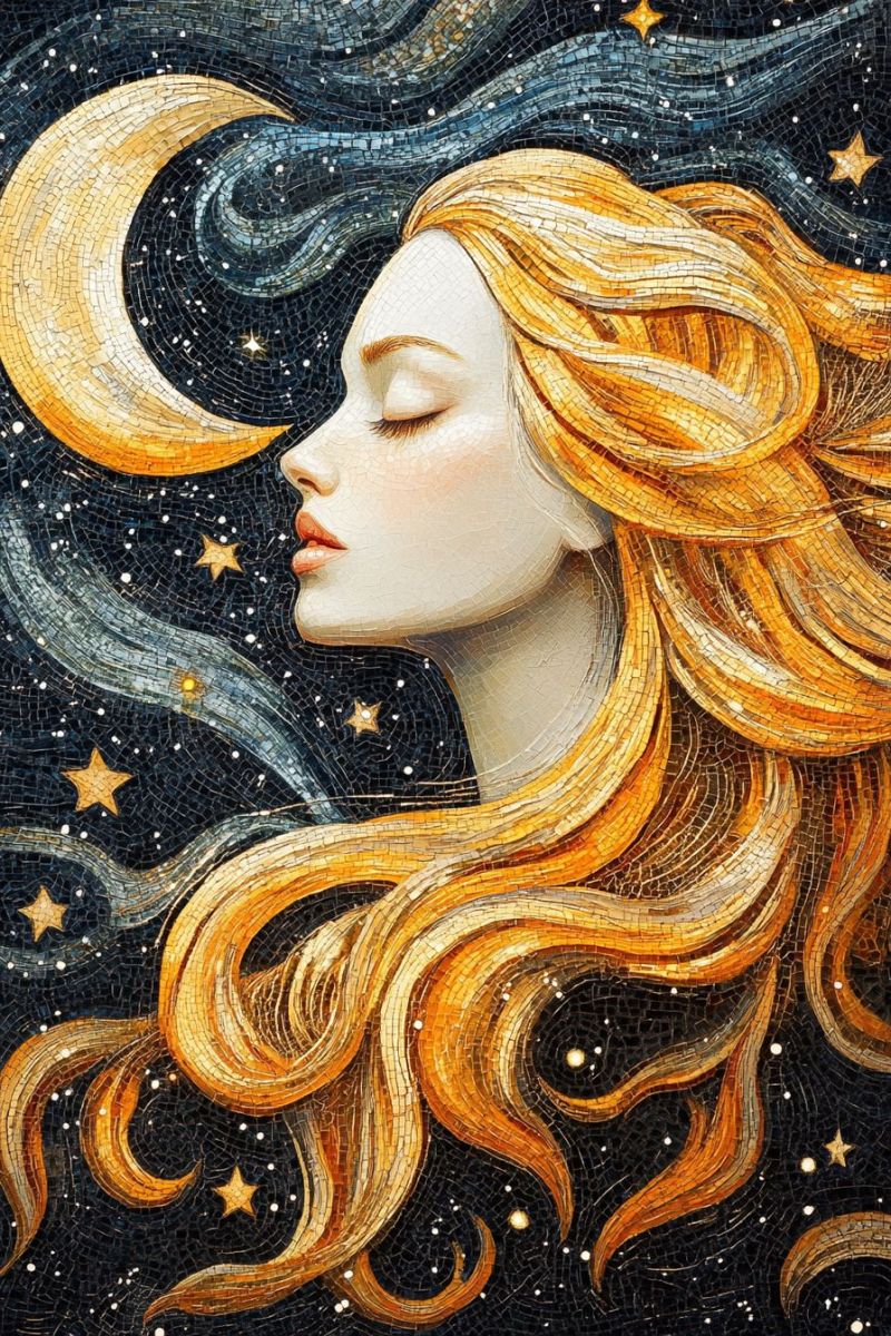 Fantasy feminin mystique cosmique etoiles nebuleuses lune nouvelle allumee ambiance reveuse etheree travaux representant femme cheveux L'image présente une illustration stylisée et colorée featuring un personnage féminin avec une expression calme et réfléchie. Ses cheveux blonds bouclés semblent s'étendre autour de son visage. Ses yeux sont fermés, ce qui suggère qu'elle est dans un état de relaxation ou qu'elle apprécie un moment de paix. Le centre de l'oeuvre d'art est une lune lumineuse qui l'aime avec la tête renversée. La lumière de la lune éclaire son profil et met en valeur les contours de son visage. Les nuages ou le fumier entourant la femme ajoutent à l'atmosphère rêveuse et ethérnelle de l'oeuvre d'art. Ces nuages ont une qualité douce, presque luminescente qui donne l'impression qu'ils en font partie plutôt que des éléments de fond. Il y a également un clin d'oeil vers le ciel nocturne, avec des étoiles qui brillent à distance, ajoutant au thème nocturne de la pièce. La palette de couleurs de l'image comprend des jaunes doux, les oranges et les bruns qui contribuent à l'ambiance chaude, en contraste avec les bleus froids du ciel nocturne. Le style de l'oeuvre d'art est similaire aux techniques de la peinture fine, avec attention au shadowing et à l'interplay entre la lumière et l'ombre. Le médium apparaît être une oeuvre imprimée ou numérique, compte tenu du niveau de détail et de la réalisation réaliste des cheveux et des traits faciaux du personnage.