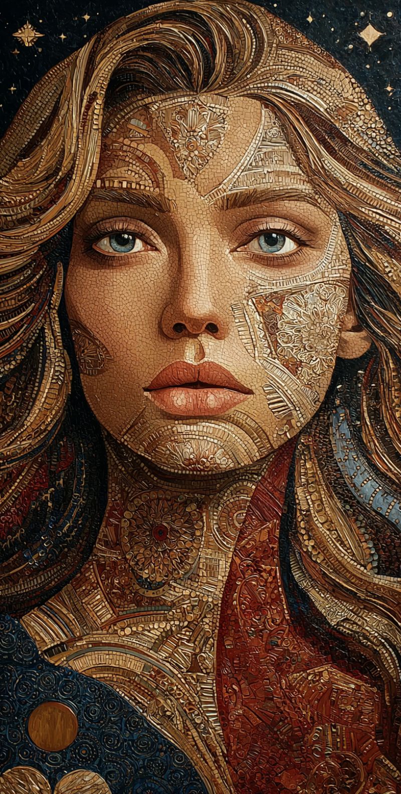 Painting mosaic wood wooden detailed portrait of a woman's face and upper body, created using a mosaic technique. The face is composed of small, intricately arranged pieces of wood, glass, and metal, forming a lifelike representation. The woman has long, flowing hair that cascades down her shoulders, and her face is adorned with a variety of textures and patterns, including floral and geometric designs. Her eyes are a striking blue, and her lips are painted in a soft pink hue. The background is a dark, starry night sky, adding to the mystical and ethereal quality of the portrait. The overall effect is one of beauty, complexity, and depth, showcasing the artist's skill and attention to detail.
