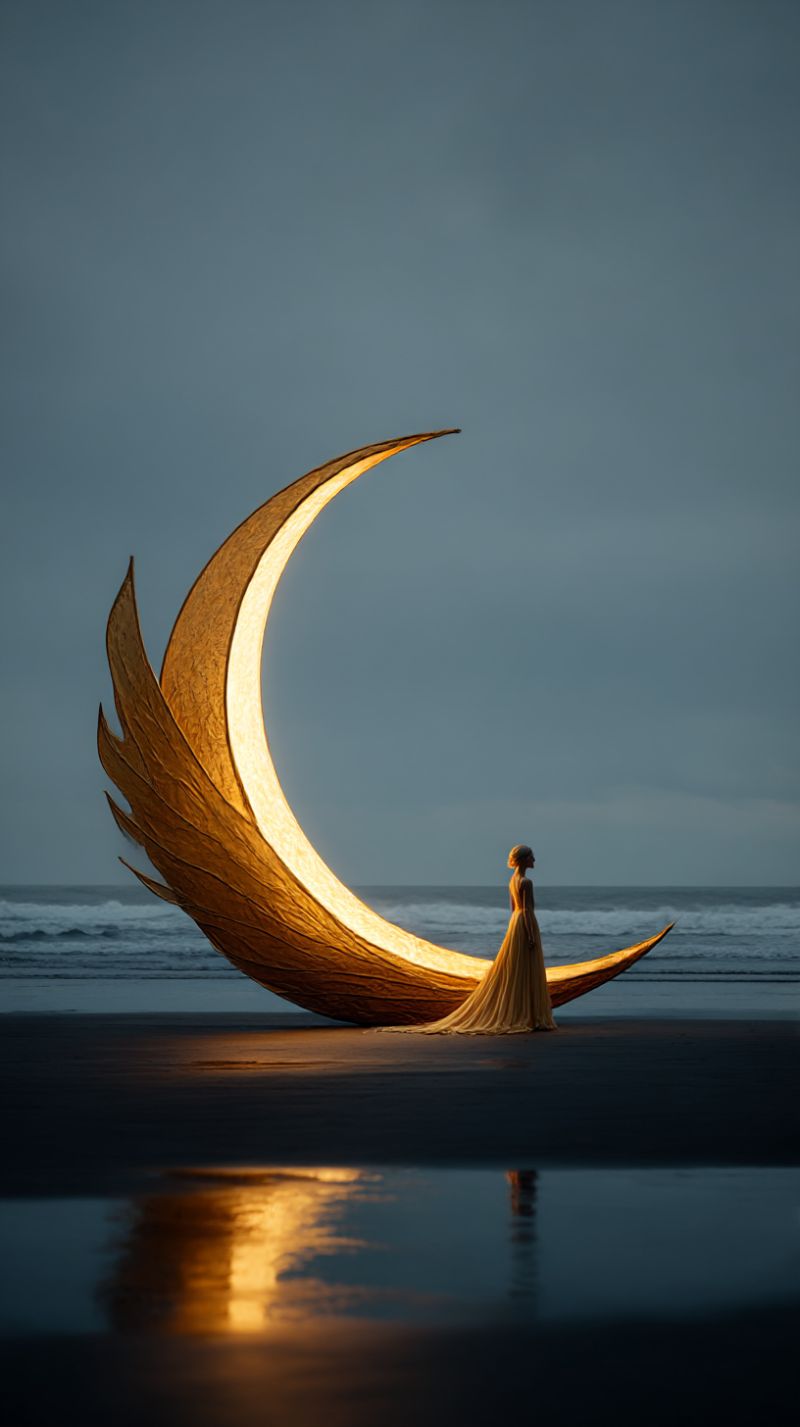 Plage femme robe lune nuit mer vagues reflet creativite inspiration beaute elegance fantaisie reve magie Une femme se tient sur une plage la nuit, éclairée par un grand luminaire en forme de croissant qui ressemble à une lune. Le luminaire est fait de structures dorées en forme de feuilles et projette une lueur chaude sur la femme et les environs. La femme est vêtue d'une robe jaune fluide et semble contempler la lumière. La plage est sombre, avec des vagues qui viennent doucement lécher le rivage, et le ciel est d'un bleu profond avec une pointe de nuages. Le luminaire et la femme créent une atmosphère magique et éthérée.