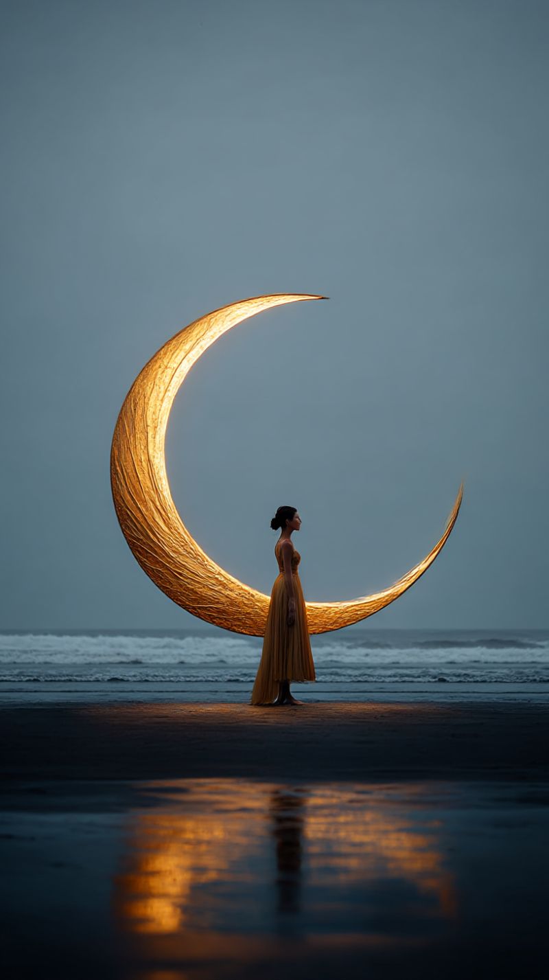 Woman beach night moon creativity reflection water waves ocean sunset fashion golden hour exposure painting A woman stands on a beach at night, illuminated by a large, glowing crescent moon positioned behind her. The moon's light casts a warm glow on the sand and the woman's dress, which is a flowing, yellow garment. The background is a dark, cloudy sky, and the waves of the ocean are visible in the distance, reflecting the light from the moon. The scene is serene and magical, with the woman appearing to be in a moment of quiet contemplation.