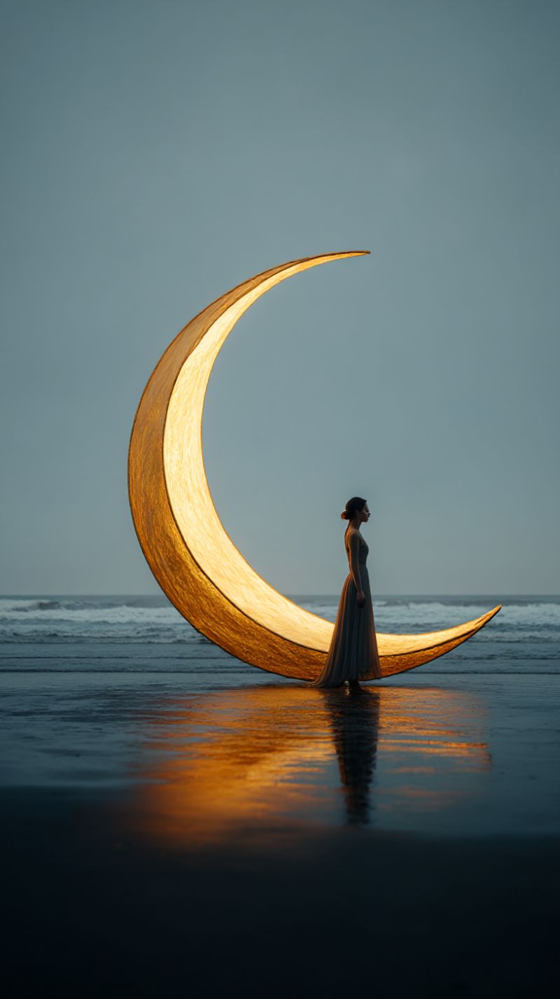 Femme robe plage lune nuit reflet eau ocean mer vagues coucher soleil soiree creativite inspiration reve Une femme se tient sur une plage au crépuscule, face à un grand croissant de lune lumineux qui est positionné derrière elle. La lune est illuminée d'une lumière chaude et dorée, projetant une douce lueur sur la femme et le sable environnant. La femme est vêtue d'une robe longue et fluide qui capte la lumière, ajoutant à l'atmosphère éthérée. La plage est calme, avec de douces vagues léchant le rivage, et le ciel au-dessus est d'un bleu profond et clair. La scène est sereine et magique, avec la femme semblant être dans un moment de contemplation silencieuse.