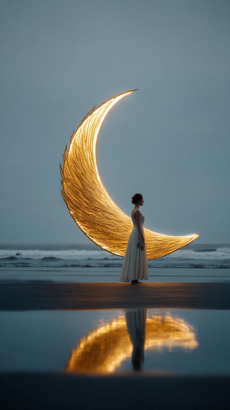 Femme robe plage lune reflet nuit ocean vagues ciel creativite inspiration beaute elegance reveur mystique fantaisie Une femme se tient sur une plage la nuit, éclairée par un croissant de lune lumineux. La lune est positionnée derrière elle, projetant une lumière chaude et dorée qui met en valeur sa silhouette. Elle porte une robe blanche fluide qui capte la lumière, la rendant éthérée. La lumière de la lune se reflète sur le sable mouillé, créant un effet scintillant. Le ciel est d'un bleu profond, et les vagues de l'océan viennent doucement lécher le rivage en arrière-plan. La scène est sereine et magique, la femme apparaissant presque surnaturelle devant le fond de la lune lumineuse.