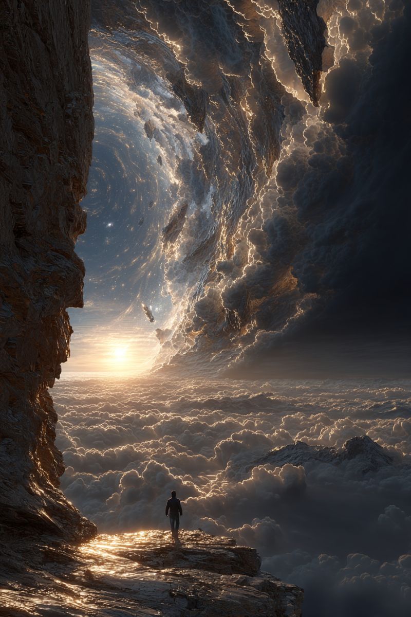 Nuages montagne ciel soleil rocher lever Une personne se tient sur une falaise rocheuse, regardant un paysage vaste et surréaliste. Le ciel est rempli de nuages tourbillonnants et d'éléments sombres et orageux, avec un soleil couchant projetant une lueur dorée. Le sol en dessous est recouvert de nuages épais et moelleux, et au loin, un vaisseau spatial flotte sur le fond de l'espace. La scène est dramatique et irréelle, avec un sentiment de vastitude et d'exploration.
