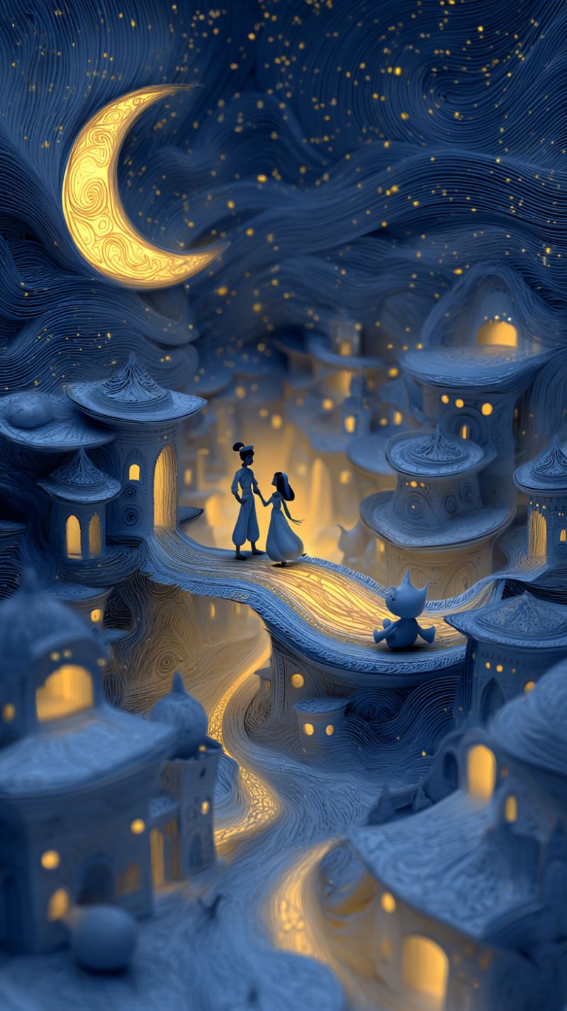 Night moon city fantasy architecture building lamp post street bridge couple love romance couples walking holding hands In a whimsical, paper-crafted world, a couple stands hand in hand on a bridge that arches gracefully over a winding path. The bridge is adorned with intricate patterns, and the path below is lined with small, glowing lights. The couple is dressed in elegant, flowing garments, and their expressions suggest a moment of shared joy or contemplation. The sky above is a deep blue, dotted with golden stars and a large, glowing crescent moon. The buildings around them are whimsical, with domes, arches, and towers, each illuminated by warm, yellow lights. In the foreground, a small creature sits on the bridge, adding a touch of whimsy to the scene.