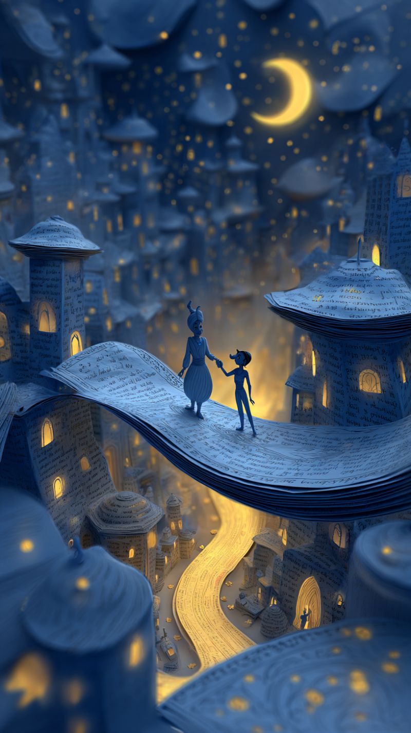 Fantaisie nuit ville lune architecture batiment rue reverbere route pont femme enfant imagination histoire aventure Dans une ville fantaisiste nocturne, deux personnages se tiennent sur un pont fait de livres empilés. Le pont est illuminé par une lumière chaude et dorée, et les bâtiments autour d'eux sont conçus avec des fenêtres cintrées et des tours. Le ciel est d'un bleu profond, avec un croissant de lune et des étoiles qui ajoutent à l'atmosphère magique. Les bâtiments sont ornés de lumières lumineuses, et la scène est baignée d'une douce lueur éthérée. Les deux personnages, l'un plus grand et l'autre plus petit, semblent engagés dans une conversation, le personnage le plus grand tenant la main du plus petit. La scène globale rappelle un monde fantastique digne d'un livre d'histoires.