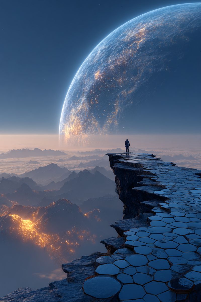 Space planet sky night star universe astronomy cosmic celestial galaxy cosmos starry spaceship exploration astronaut satellite orbit telescope outer A person stands on a narrow, hexagonal stone path that curves along a cliff's edge. The path leads to a vast, glowing planet in the distance, surrounded by a deep blue sky. The planet is illuminated with a mix of warm and cool lights, creating a serene and otherworldly atmosphere. Below the cliff, mountains and valleys stretch out, with a hint of golden light suggesting volcanic activity or a distant city. The sky above is clear, with a few scattered stars visible.