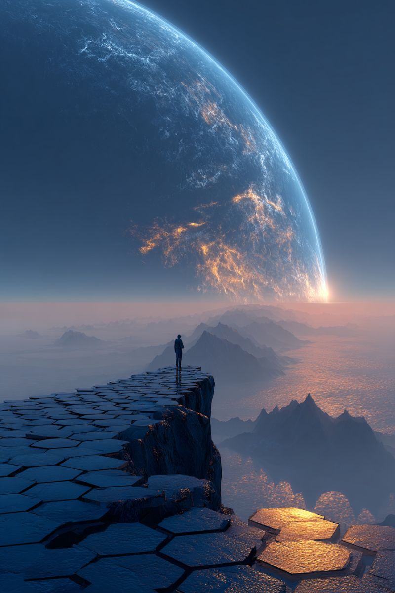 Planete terre univers cosmos astronomie galaxie etoile celeste vaisseau spatial satellite astronaute cosmique orbital astrophysique explorati Une personne se tient sur une falaise rocheuse avec des motifs hexagonaux, contemplant une vaste planète dans le ciel. La planète est éclairée par une lumière vive, peut-être un coucher ou un lever de soleil, projetant une lueur chaude sur les montagnes et l'océan environnants. Le ciel est d'un bleu profond, et la scène se déroule dans un décor d'un univers serein et vaste.