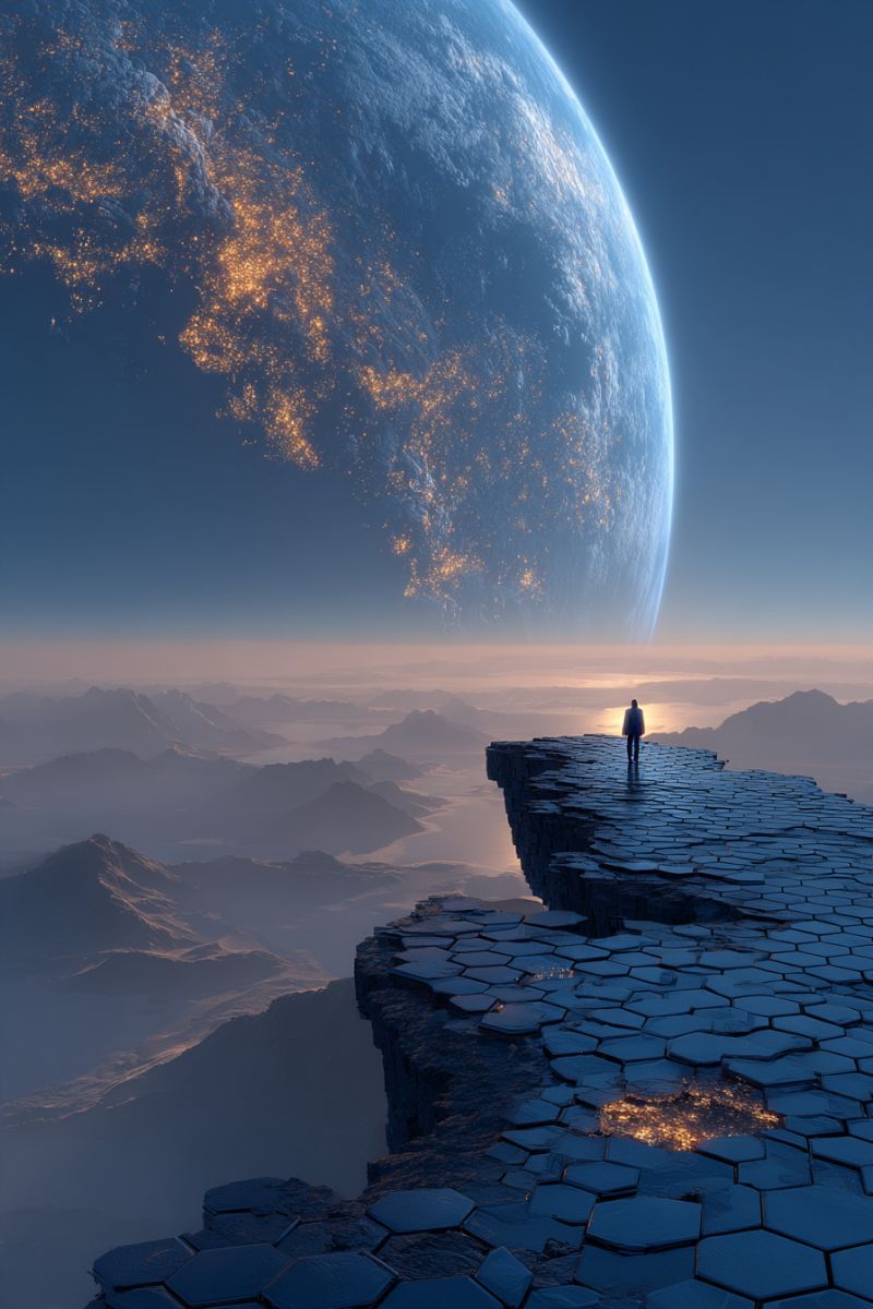 Space planet earth sky mountain horizon night star cloud atmosphere reflection water texture crack edge depth perspective A person stands on a cracked, hexagonal stone platform that juts out into a vast, dark void. The platform is illuminated by a warm, golden light from below. The person is dressed in a white outfit and appears to be looking out into the distance. Behind them, a large, glowing planet with a blue hue and scattered lights is visible against a back of deep blue sky. The planet's surface is dotted with bright, glowing areas, possibly representing cities or natural phenomena. The sky is a deep blue, transitioning to a lighter blue near the horizon, where the sun's rays cast a gentle glow. In the distance, a range of mountains is visible, their peaks shrouded in a soft, bluish haze.