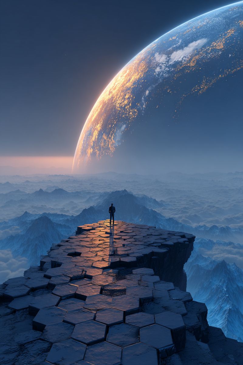 Space planet earth sky mountain rock cliff horizon sun shadow water cloud atmosphere astronomy cosmos universe outer A person stands on a hexagonal stone platform at the edge of a cliff, gazing at a large planet in the distance. The planet is illuminated with a warm, golden light, and its surface is dotted with glowing lights, possibly representing cities or natural phenomena. The sky is a deep blue, and the horizon is marked by a thin line of orange, suggesting the setting sun. The ground beneath the platform is rocky, with a mix of hexagonal and irregular shapes. The scene is set against a back of distant, misty mountains and a vast, open sky.