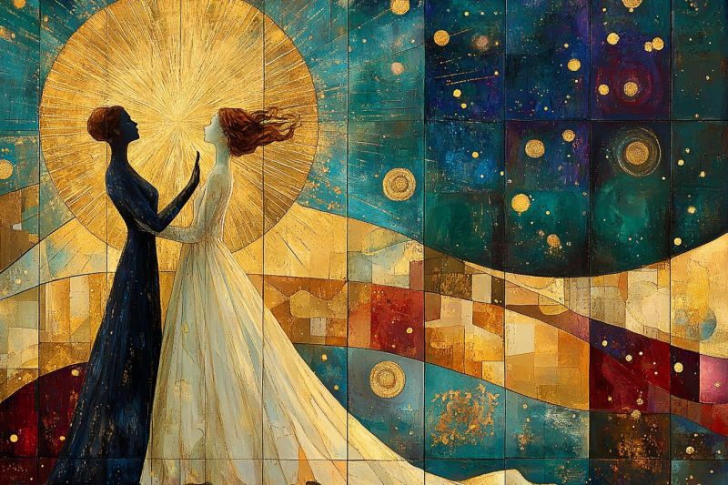 Romantique couple amoureux lune soleil vitrage architecture mosaique mur histoire amour instant honeymoon celestes Ceci est une oeuvre d'art numérique qui représente deux figures embrassées l'une devant l'autre, sous un ciel nocturne, ce qui suggère qu'il pourrait s'agir d'un paysage céleste ou terrestre. La figure à gauche ressemble à une femme dont les cheveux coulent le long de son dos, vêtue d'une robe blanche qui semble se fondre avec les nuances plus claires de l'oeuvre d'art. Elle a la main gauche posée sur sa hanche et la main droite enlacée derrière elle. Le visage n'est pas entièrement visible mais elle semble regarder à l'avant. La figure à droite ressemble à un homme, également vêtu de blanc, debout légèrement derrière et du côté de la femme. Il a les bras étendus vers la femme avec une main douce placée sur son épaule, ce qui suggère une geste d'amour ou de soutien. Les deux figures sont baignées dans une lumière doré-chaude provenant de leur corps, en contraste avec les nuances plus froides du ciel nocturne et des étoiles visibles à l'arrière-plan. Le ciel est bleu profond avec divers étoiles et objets célestes disséminés partout. Un soleil doré ou une lune hante au-dessus de tous les deux, projetant un rayonnement radieux qui éclaire la scène. Au dessous du ciel se trouve un paysage composé de formes géométriques comme des carrés et des rectangles, en couleurs de bleu, vert et rouge, ce qui pourrait représenter une représentation abstraite de la nature ou peut-être une muraille ou une pièce d'art. L'atmosphère générale de l'image est l'amour, la chaleur et la grandeur de l'univers. L'utilisation de lumière et ombre, ainsi que les couleurs, créent un sens de profondeur et de dimension dans cette oeuvre d'art.