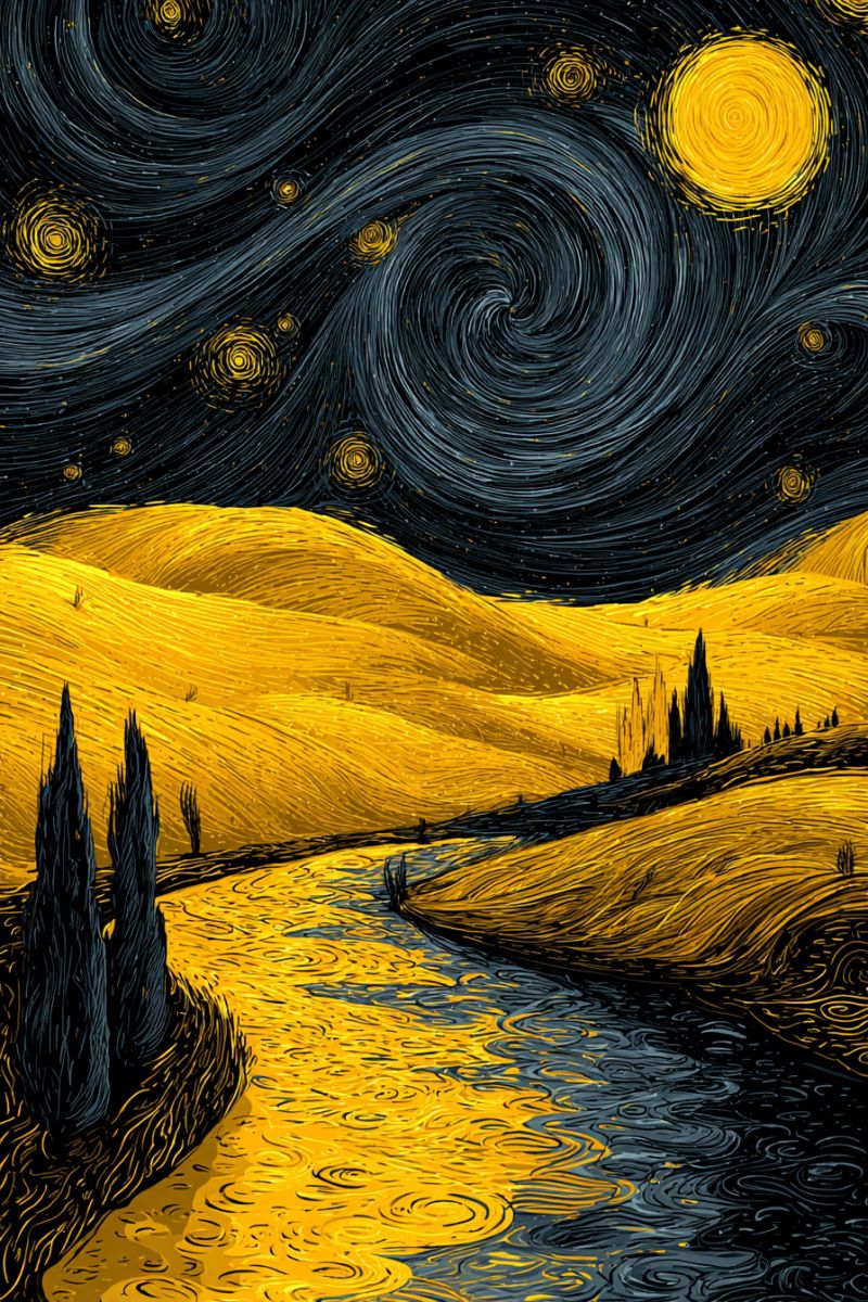Night sky stars moon painting watercolor yellow river hills trees serene night landscape with a river flowing through a golden-hued valley under a star-filled sky. The sky is dark blue, adorned with swirling patterns of stars and a large, bright yellow moon in the upper right corner. The moon's light reflects on the river, creating ripples and shimmering effects. The valley is filled with undulating hills, and there are a few trees and a distant silhouette of a building or structure. The overall mood is tranquil and reflective, with the natural elements harmoniously blending together.