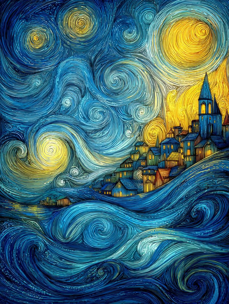 Nuit ciel etoiles ville cite batiments maisons architecture eau vagues ocean mer lune lueur reflet La peinture représente une scène de nuit sereine avec une petite ville nichée entre une rivière et une colline. Le ciel est rempli de bleus et de jaunes tourbillonnants et vibrants, créant une atmosphère dynamique et presque onirique. La ville est composée de plusieurs maisons, certaines avec des fenêtres éclairées chaleureusement, suggérant une activité à l'intérieur. Un élément marquant est une haute tour pointue, peut-être un clocher d'église, qui se détache contre le ciel nocturne. La rivière en contrebas est représentée avec de douces vagues, ajoutant à l'ambiance tranquille. La lune et les étoiles sont bien mises en valeur, la lune projetant une douce lumière dorée sur la scène. L'effet global est celui de la paix et de la contemplation silencieuse.