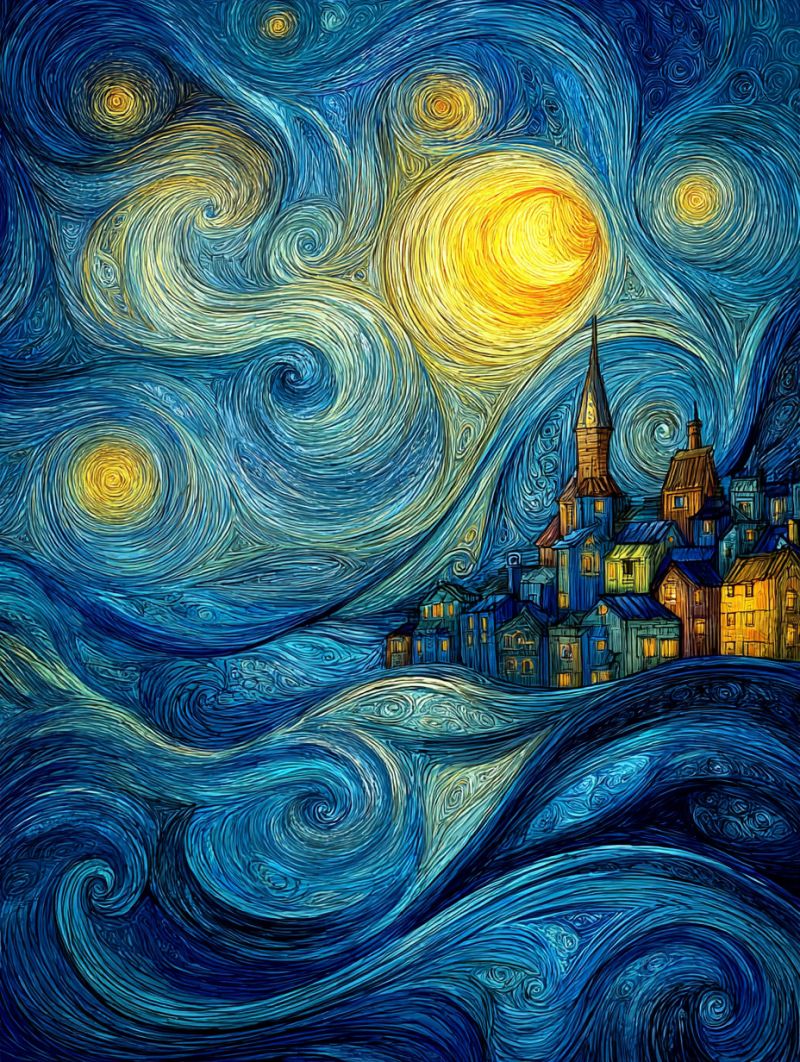 Nuit ciel etoiles ville batiments architecture fleche tour toit fenetre lueur jaune bleu vagues tourbillons La peinture représente un ciel nocturne rempli de bleus et de jaunes tourbillonnants, créant une atmosphère dynamique et presque turbulente. Au premier plan, il y a plusieurs maisons aux fenêtres chaudes et lumineuses, suggérant une petite ville ou un village. Les maisons sont peintes dans diverses nuances de bleu et de jaune, se fondant dans le ciel. Au fond, il y a une lune jaune proéminente, entourée d'un halo de lignes jaunes et bleues tourbillonnantes, ajoutant à la qualité éthérée de la nuit. Le ciel est rempli de motifs tourbillonnants qui donnent l'impression de mouvement, comme si la nuit elle-même était vivante et respirait. L'effet global est celui d'une nuit paisible mais vibrante, avec la ville confortablement nichée sous le vaste ciel tourbillonnant.