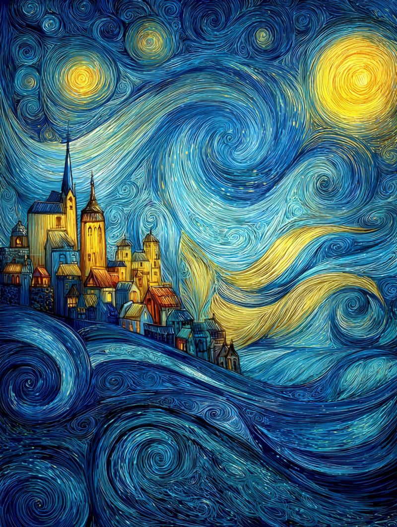 Nuit ciel etoiles ville cite fleches La peinture représente une ville sous un ciel nocturne rempli de motifs tourbillonnants. La ville est nichée sur une colline, avec des bâtiments de différentes tailles et styles, certains avec des flèches et des dômes. Le ciel est d'un bleu profond, avec des tourbillons et des traînées jaunes et blanches qui ressemblent à des étoiles et à la lune. La lune est grande et brillante, positionnée sur le côté droit de la peinture, projetant une douce lueur sur la ville. Les bâtiments sont illuminés par la lumière de la lune et des étoiles, créant une atmosphère sereine et paisible. L'effet global est celui du mouvement et de l'énergie, avec les motifs tourbillonnants dans le ciel créant un sentiment de profondeur et de dimension.