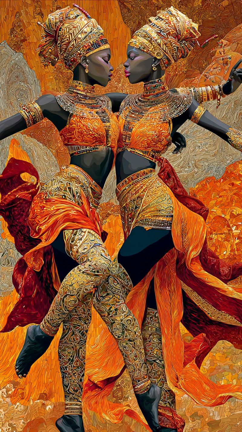 Femme bijoux robe costume culture tradition ethnique africain ventre danser danseuses accessoires Deux femmes dansent dans une peinture vibrante et abstraite. Elles sont vêtues de costumes élaborés en or et rouge avec des motifs complexes. Leurs têtes sont ornées de coiffes assorties, et elles portent des bijoux en or, y compris des colliers, des bracelets et des chevilles. Leurs cheveux sont coiffés en chignons hauts et complexes. Le fond est un mélange de teintes chaudes, orange et rouge ardent, créant une atmosphère dynamique et énergique. Les mouvements des femmes suggèrent une danse gracieuse et synchronisée, avec leurs bras et jambes s'écoulant dans un mouvement harmonieux.