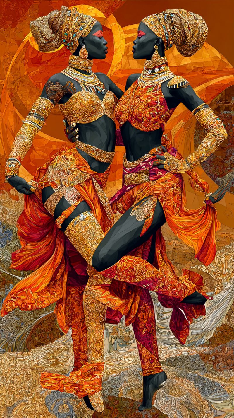 Painting woman dance fashion jewelry dress earrings necklace headband costume performance culture tradition ritual ceremony ethnic tribal geometric Two women are standing close together, dressed in elaborate, ornate costumes. Their skin is painted a deep black, and their faces are adorned with striking red eye makeup. They wear intricate headdresses with golden embellishments and large earrings. Their costumes are a mix of gold and orange fabrics, with detailed patterns and designs. The background is a vibrant mix of orange and yellow hues, with abstract shapes and patterns that add to the overall dynamic and energetic feel of the image.