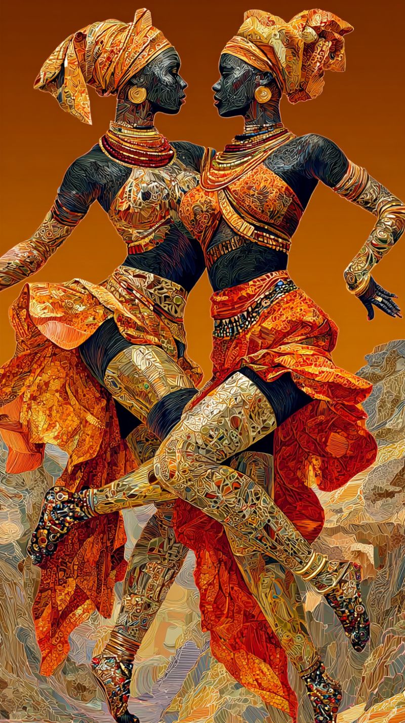 Femme culture traditionnelle ethnique costume bijoux bandeau boucles oreilles collier jupe jambes chaussures montagne roche texture Deux femmes sont représentées dans une pose dynamique, semblant danser ou exécuter un rituel. Leurs corps sont peints d'un noir saisissant et ornés de motifs complexes en or et en rouge. Elles portent des coiffes élaborées avec des tissus fluides, et leurs visages sont peints de designs géométriques audacieux. Les bras et les jambes des femmes sont étendus, créant un sentiment de mouvement et d'énergie. Leur tenue comprend une combinaison de jupes fluides et de hauts ajustés, tous deux décorés de motifs détaillés. Le fond est un dégradé de couleurs chaudes, passant d'un orange profond à des teintes plus claires, ajoutant de la profondeur et du contraste à la scène.