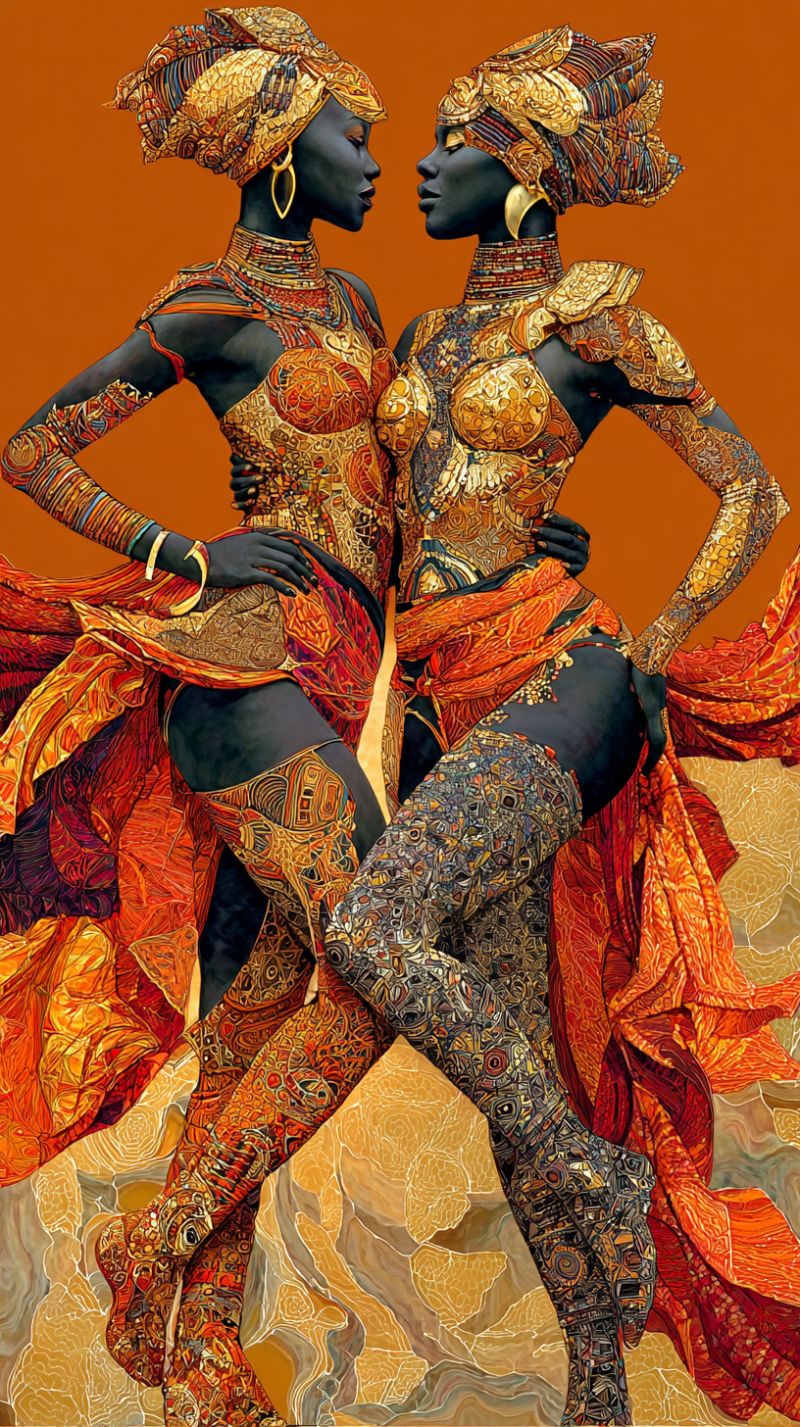 Africaine ethnique americaine culture femmes contemporaine Deux femmes se tiennent proches l'une de l'autre, leurs corps ornés de vêtements complexes et ornés. Leur peau est d'un noir profond et riche, contrastant avec les motifs vibrants en or et rouge qui couvrent leurs vêtements. Les deux femmes portent des coiffes élaborées décorées de perles colorées et de plumes, ajoutant à leur apparence royale. Leurs vêtements présentent un mélange de tissus fluides et d'éléments structurés, avec le tissu autour de leurs tailles et de leurs jambes décoré de motifs géométriques. Le fond est d'une teinte chaude et orangée, qui complète les couleurs de leurs vêtements et crée un sentiment de profondeur et de richesse.