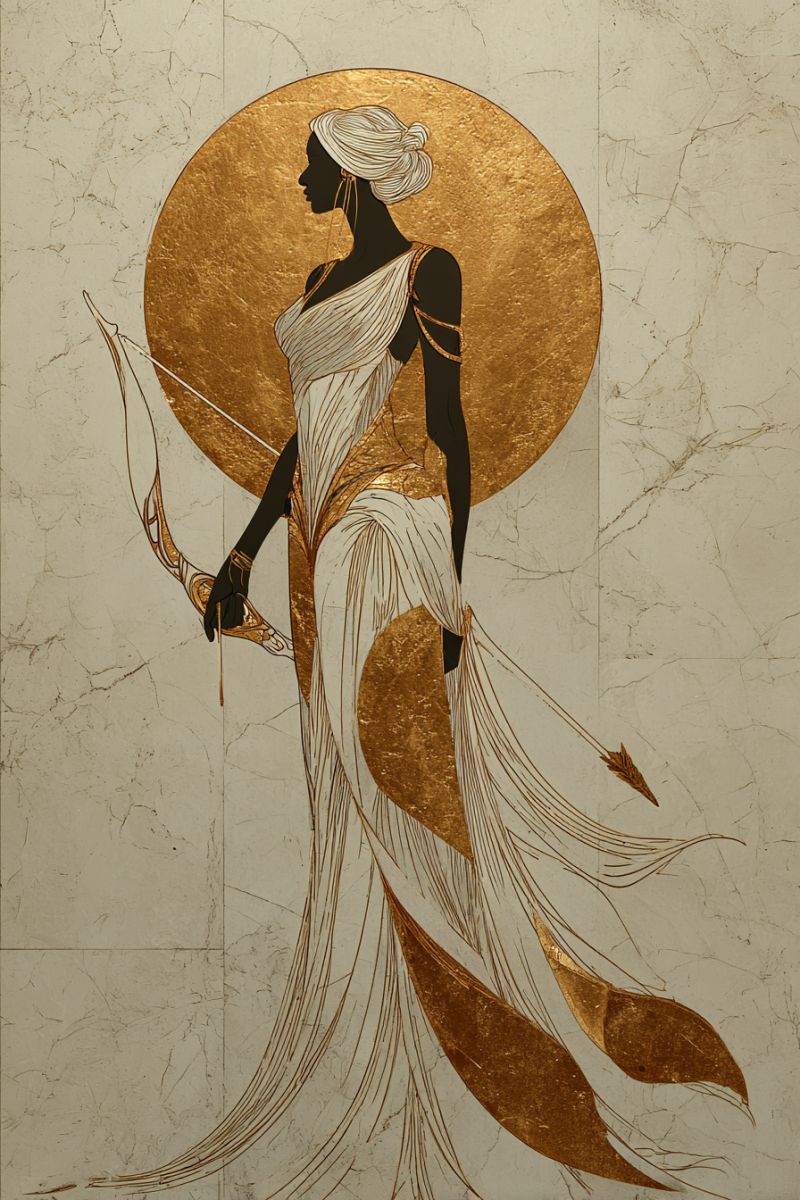Femme archer arc fleche robe boucles oreilles collier texture ombre marbre elegance mythologie Silhouette d'une femme debout devant un fond de carreaux de marbre. Elle est vêtue d'une robe fluide aux accents dorés qui scintille avec des motifs complexes. Ses cheveux sont coiffés en un chignon haut, orné d'accents dorés. Elle tient un arc et une flèche dans sa main gauche, la flèche pointant vers le haut. Le fond présente un grand soleil doré circulaire avec des rayons s'étendant vers l'extérieur, ajoutant un élément céleste et majestueux à la scène. L'effet global est élégant et royal, avec un accent sur la posture posée et puissante de la femme.