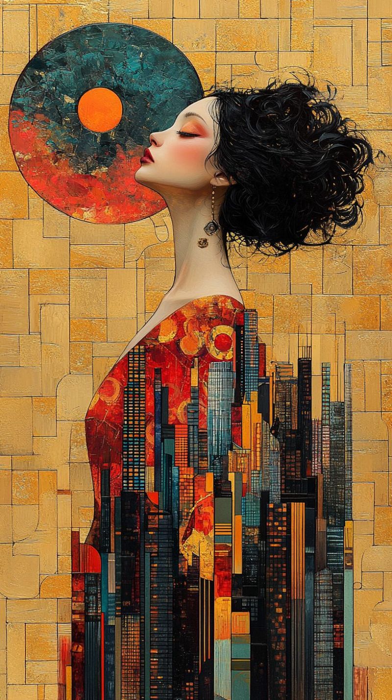 Surrealism cityscape modern stylized human geometric pattern costume design urban influence colorful imagery texture This image is a striking work of art that captures the essence of surrealism. The central figure is a woman with a large head and eyes, which are significantly larger than her body. Her hair appears to be made up of various elements, including what looks like leaves and possibly other organic materials. The color palette is dominated by warm tones, with a vibrant use of reds, yellows, and oranges that give the piece a fiery feel. The woman's body is adorned with intricate patterns and designs that seem to merge with her surroundings. Her posture suggests movement and fluidity. The background features abstract urban architecture elements, contributing to the surreal atmosphere of the piece. There are other figures in the background, some resembling humanoid forms while others have more organic or machine-like appearances. These figures also seem to be interacting with the central figure, creating a dynamic and engaging scene. The art style is reminiscent of contemporary digital illustrations with a strong influence from street art aesthetics. The overall composition is both visually appealing and thought-provoking, inviting viewers to delve deeper into the narrative presented by the image.