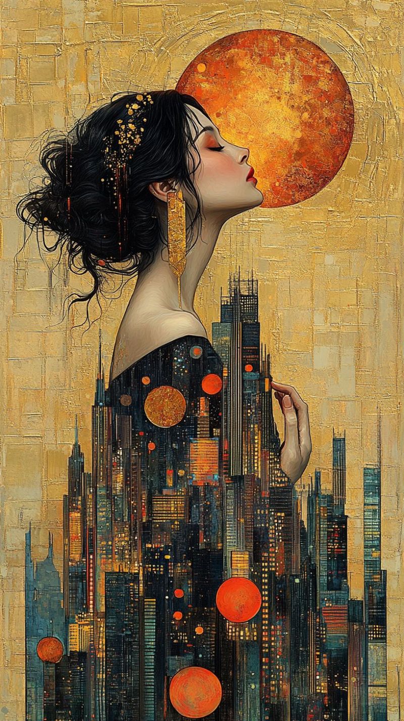 Female stylized woman dress celestial sun like chest surreal piece featuring intricate skyline vertical piece of artwork featuring a stylized portrait of a woman set against an abstract cityscape. The woman has long, flowing dark hair and appears to be wearing a dark, possibly patterned garment with what could be interpreted as celestial or nighttime motifs. She is looking towards the viewer's right, her eyes closed and seemingly lost in thought. The background is a mix of urban elements, including geometric shapes resembling buildings, circles that might symbolize planets or suns, and smaller, indistinct shapes that could be interpreted as stars or other celestial bodies. The colors are predominantly warm, with the woman's skin tone appearing to be medium, contrasting with the darker background tones. The overall aesthetic of the artwork is reminiscent of a blend of science fiction and fantasy elements. The use of bright, saturated colors suggests a vibrant, possibly energetic or optimistic mood.