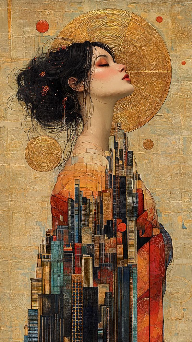 Female nouveau modernist woman flowers hair mixed urban stylized buildings skyscraper golden frame composition contempora digital artwork depicting a woman looking upwards. She has dark hair adorned with red flowers, and her eyes are closed as if she is lost in thought or perhaps listening to something. The woman is wearing a vibrant red dress that stands out against the background. Her skin tone appears to be of average complexity, and her facial features are detailed, capturing her peaceful demeanor. She's set against an intricate backdrop of buildings and towers that suggest an urban environment, possibly indicative of a bustling cityscape. These structures are rendered in various shades of orange and red, contributing to the overall warm tone of the artwork. The style of the art is reminiscent of mosaic or stained glass windows, with a rich tapestry of colors and textures that create depth and dimension. The genre of the artwork could be classified as illustrative or fine art, given its intricate detailing and the emotional impact it conveys. The image does not contain any text that can be discerned from this description. The artist's signature or any other texts are not visible in the provided image.