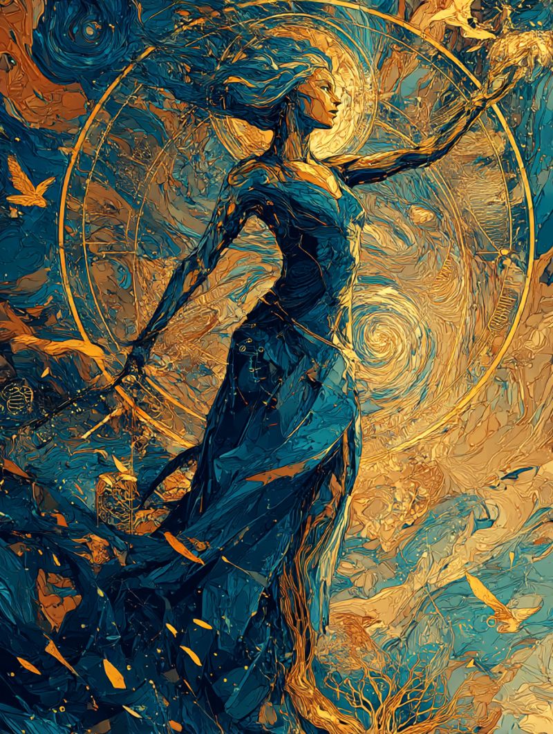 Cercle bleu concept contemporain elegant fantaisie feminin fluide robe lignes jupe manches Figure centrale d'une femme debout les bras étendus, entourée d'un arrière-plan tourbillonnant et abstrait. La femme est vêtue d'une robe bleue fluide qui semble être faite d'un matériau métallique, réfléchissant la lumière de manière scintillante. Ses cheveux flottent librement, se fondant dans l'arrière-plan. L'arrière-plan est un mélange de bleus profonds, d'or et d'oranges, avec des motifs complexes qui ressemblent à une galaxie ou à un événement cosmique. De petits objets dorés sont dispersés dans l'arrière-plan, peut-être des étoiles ou des corps célestes. La composition globale donne un sentiment de mouvement et d'énergie, avec la femme apparaissant dans un état de transformation ou de révélation.