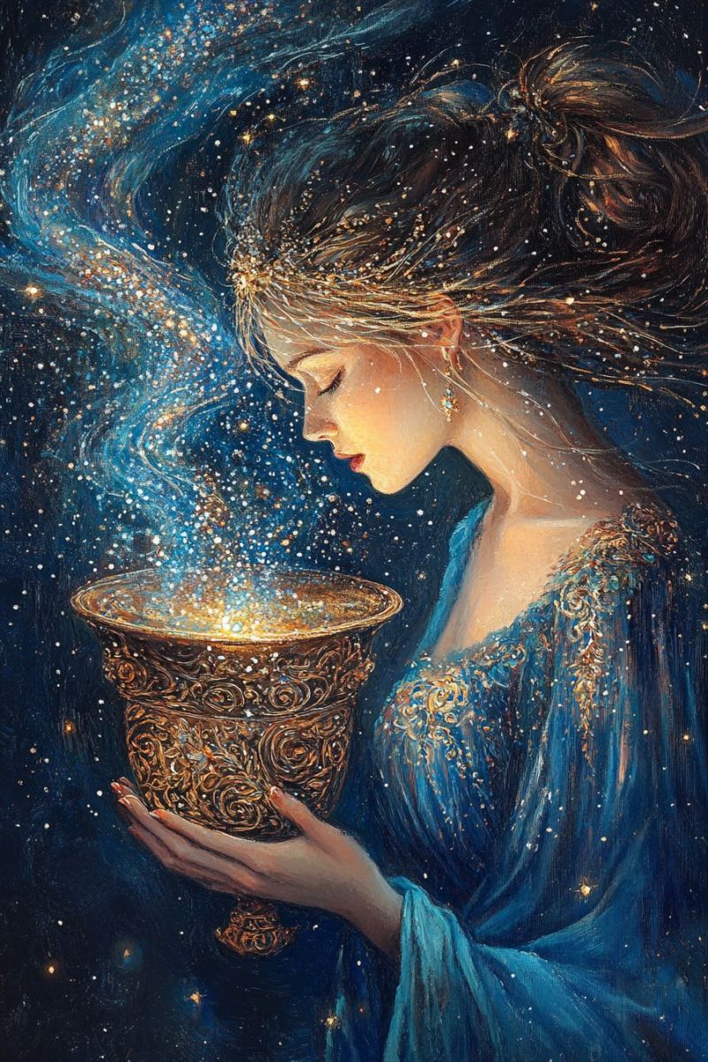 Fantasy starry night female magic power celestial sorcery astrology cosmic mystique wizardry science fiction poster woman holding mystical orb photograph featuring a woman with a nature-inspired aesthetic. She has long, wavy hair and is wearing a headpiece that resembles feathers or leaves, along with heavy face paint that includes greens, browns, and possibly other colors. Her makeup is done in a way that complements the theme of her attire. The woman's expression is neutral to slightly focused. She is surrounded by what appears to be a dense, lush environment, which suggests a jungle or forest setting. There are no visible texts on the image, and it has a vibrant, colorful quality typical of fantasy or themed portraiture.