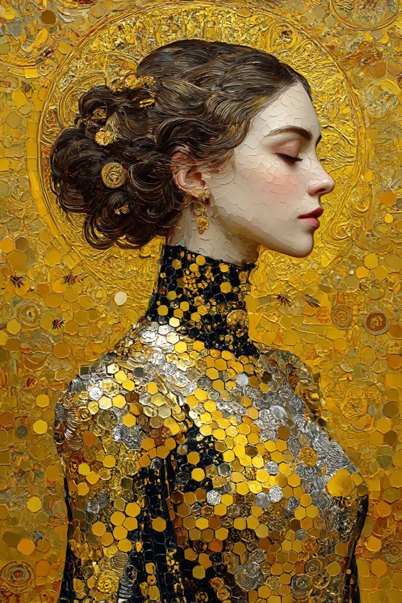 Femme yeux cou robe collier boucles oreilles jaune argent nid abeille soleil Une femme les yeux fermés se tient debout contre un fond jaune vif. Ses cheveux sont coiffés en chignon orné de touches dorées. Elle porte une robe scintillante or et noire, avec un col montant et des motifs complexes. Son visage est peint avec des traits délicats, et elle a une expression sereine. Le fond est un mosaïque de hexagones jaunes, créant un effet texturé et dynamique.