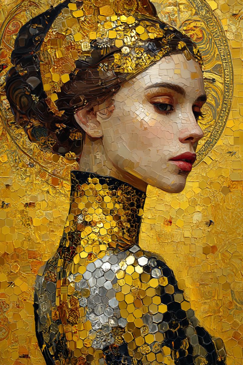 Painting woman mosaic gold yellow head crown eye lips nose ear neck shoulder chest dress woman with a serious expression, her face composed of small, hexagonal tiles in shades of gold, black, and silver. Her hair is styled in a high, intricate updo, adorned with golden tiles that create a shimmering effect. She wears a golden, hexagonal armor-like dress that covers her shoulders and upper body, with a high collar that stands out against her face. The background is a vibrant yellow, also made up of hexagonal tiles, creating a cohesive and textured backdrop. The overall effect is one of regality and opulence, with the woman's attire and the golden background giving a sense of grandeur.