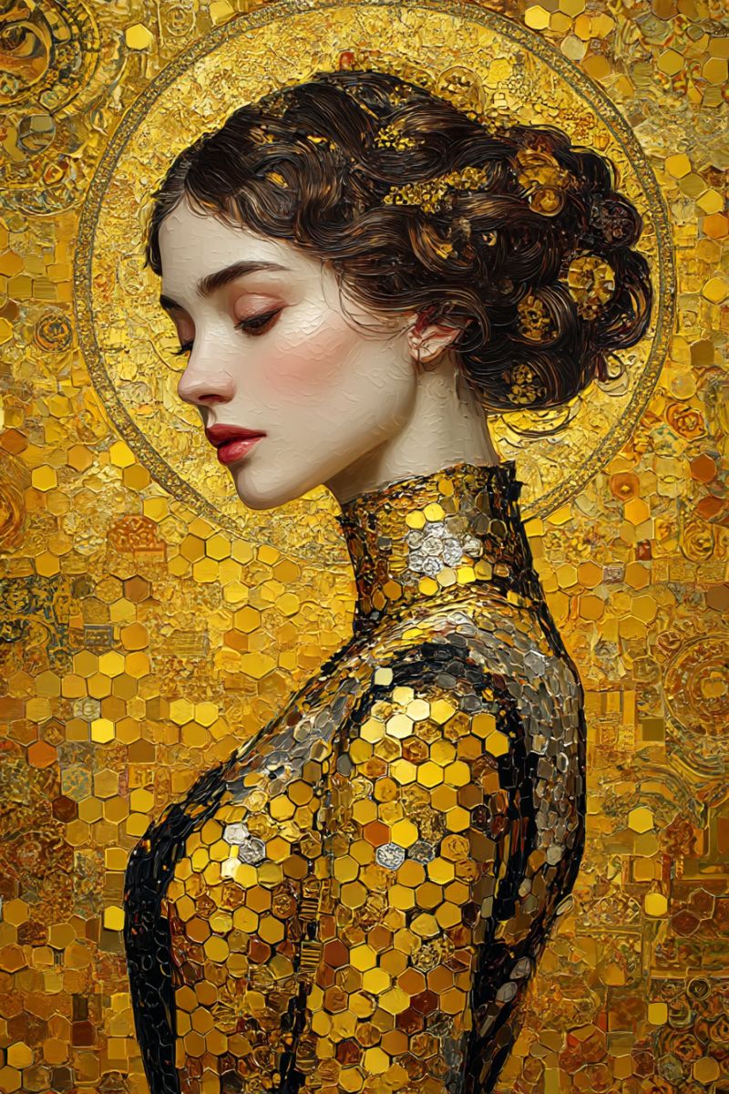 Femme robe beaute elegance texture mosaique ombre Une femme aux cheveux foncés et ondulés coiffés en un élégant chignon orné d'accents dorés se tient devant un fond de mosaïque dorée vibrante. Son visage est délicatement peint avec des tons doux et naturels, et elle porte une robe dorée scintillante qui reflète la lumière dans un éblouissant éventail de couleurs. Ses yeux sont fermés, et elle semble être dans un moment de profonde contemplation ou de sérénité. La mosaïque dorée derrière elle est composée de carreaux hexagonaux, créant un fond riche et texturé qui renforce le thème doré global de l'oeuvre