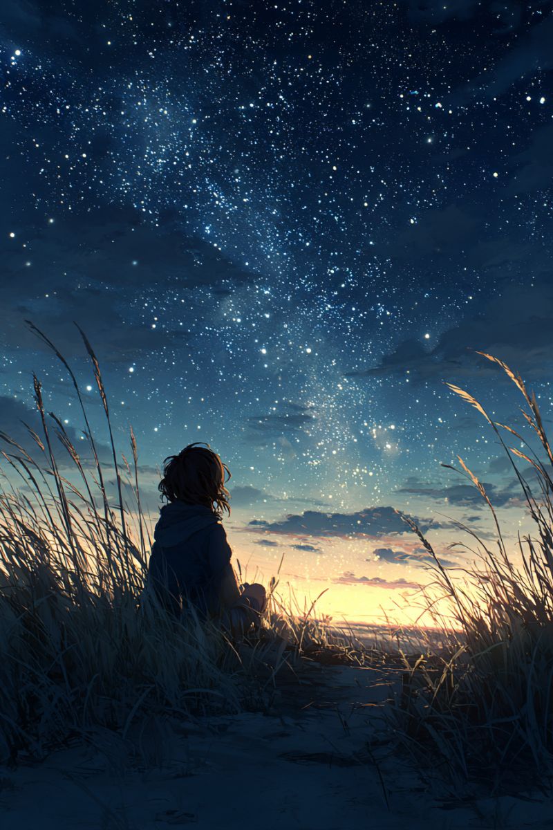 Night sky stars clouds grass sunset horizon outdoors nature evening dark reflection moody atmosphere calm serene A person sits on the ground in a field of tall grass, gazing up at a star-filled night sky. The sky is a deep blue, dotted with countless stars, and the Milky Way is visible, stretching across the sky. The person is wearing a hoodie and has long hair. The horizon is painted with the warm colors of a sunset, transitioning from orange to pink. The scene is peaceful and serene, with the person seemingly lost in thought, surrounded by the vastness of the night.
