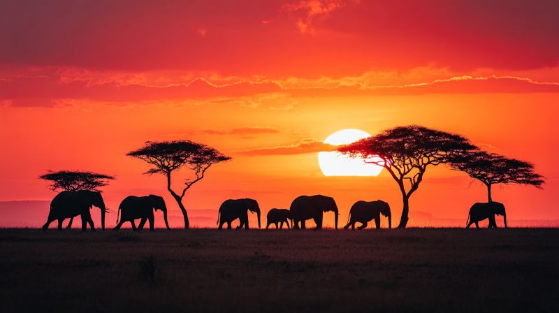 Elephants crepuscule troupeau faune safari nature prairie arbres horizon soir ciel nuages rouge orange jaune conservation Un troupeau d'éléphants marche en ligne à travers un vaste paysage ouvert. Les éléphants sont en silhouette contre le fond d'un magnifique coucher de soleil. Le ciel est peint de teintes d'orange, de rose et de rouge, avec le soleil se couchant à l'horizon, projetant une lueur chaude sur la scène. Les éléphants sont de diverses tailles, certains paraissant plus grands et plus dominants au premier plan. Le sol sous leurs pieds est recouvert d'herbe courte et sèche, et il y a quelques arbres éparpillés en arrière-plan, leurs formes délimitées contre le ciel vibrant. L'atmosphère générale est sereine et majestueuse, capturant la beauté de la nature pendant une heure dorée.