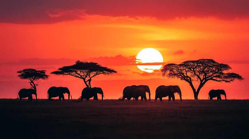 Elephants coucher soleil vie sauvage safari nature troupeau prairie arbres horizon crepuscule soiree conservation biodiversite air voyage africain sav Un troupeau d'éléphants marche en ligne sur une plaine herbeuse. Les éléphants sont en silhouette contre le fond d'un magnifique coucher de soleil. Le ciel est peint de teintes orangées et roses, avec le soleil se couchant à l'horizon, répandant une douce lueur sur la scène. Les éléphants sont de diverses tailles, certains paraissant plus grands et plus dominants au premier plan. En arrière-plan, il y a plusieurs acacias, leurs branches s'étendant comme des bras. L'atmosphère générale est sereine et majestueuse, capturant la beauté de la nature pendant l'heure dorée.