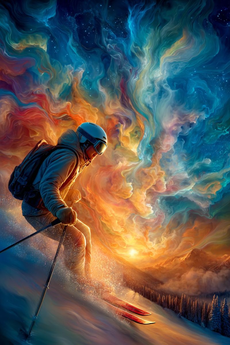 Snowboarding snow sky mountain snowboarder snowboard A skier is descending a snowy mountain slope, wearing a blue helmet, goggles, and a blue jacket. They carry a backpack and hold ski poles. The background features a vibrant, abstract design with swirling colors of blue, orange, and yellow, resembling a nebula or cosmic scene. The sun is setting in the distance, casting a warm glow over the snowy landscape and pine trees.