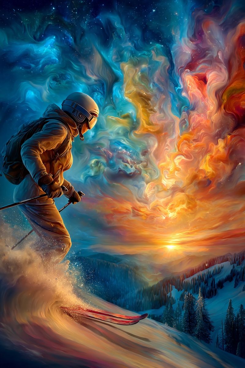 Snowboarding neige ciel montagne coucher soleil snowboarder ski alpin snowboard hiver Un skieur dans une tenue futuriste glisse sur une montagne enneigée, avec des couleurs vives tourbillonnant autour de lui comme une tempête cosmique. Le ciel au-dessus est un mélange de bleus profonds, d'oranges et de violets, ressemblant à une galaxie. L'ombre du skieur est projetée sur la neige, et il tient fermement ses bâtons de ski. Au loin, une silhouette de montagnes et d'arbres est visible, avec le soleil apparaissant à travers les nuages, projetant une lueur chaleureuse.