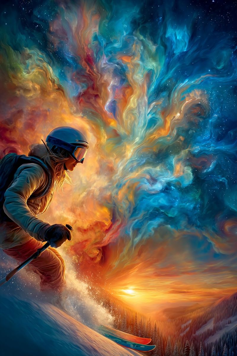 Skiing snow mountain sky sunset winter snowboarder snowboard A skier glides down a snowy mountain, their face turned downward, focusing on the slope ahead. They wear a blue helmet, goggles, and a backpack. The sky behind them is a vibrant mix of orange, yellow, and blue, resembling a cosmic nebula. The sun is setting on the horizon, casting a warm glow over the snowy landscape. The skier's shadow is cast on the snow, and the scene is framed by a back of pine trees and distant mountains.