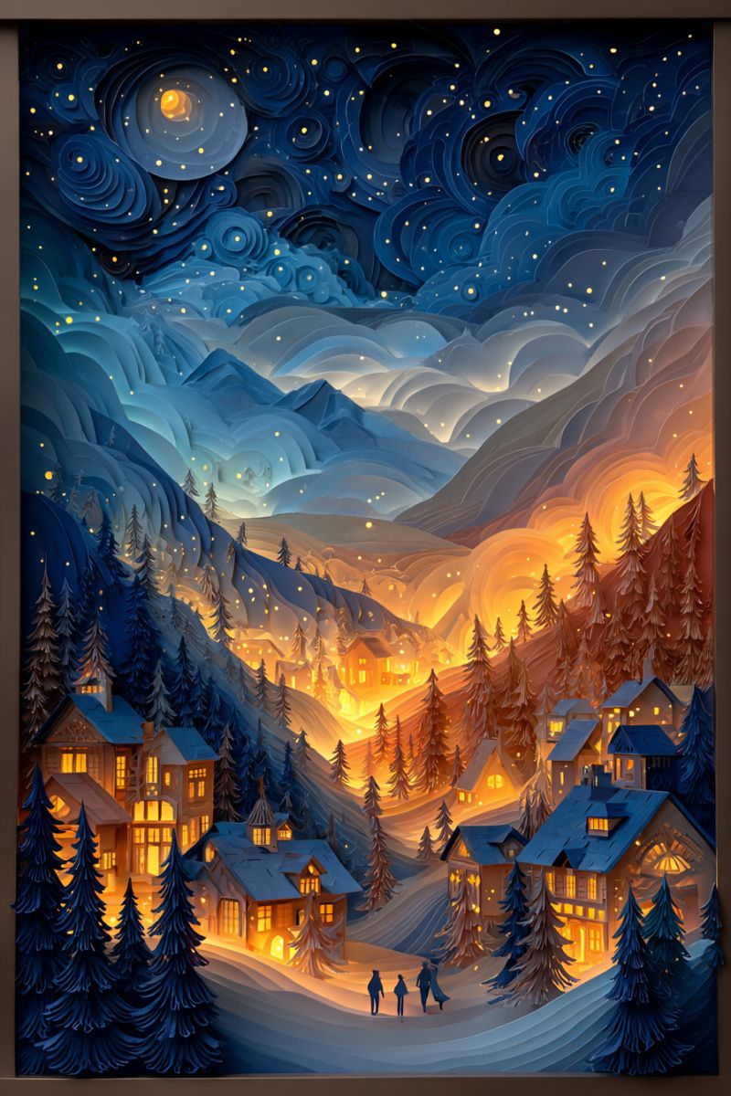 Nuit ciel etoiles montagnes maisons arbres neige gens village hiver artisanat diorama pop Une oeuvre d'art en papier représente un village d'hiver serein sous un ciel nocturne étoilé. Le village est niché parmi des pins, avec des maisons confortables illuminées par des lumières chaleureuses. Le ciel est d'un bleu profond avec des motifs tourbillonnants et des étoiles scintillantes. Au premier plan, deux personnes marchent, leurs silhouettes contrastant avec le village lumineux. Les montagnes en arrière-plan sont couvertes de neige, ajoutant à la scène hivernale tranquille