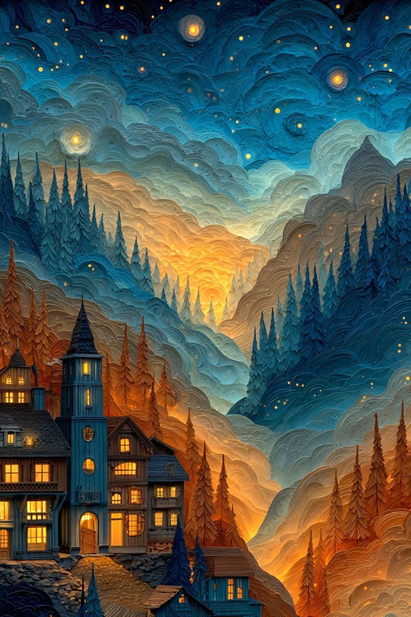 Mountain night sky house trees clouds stars sunset painting fantasy dream imagination colorful texture depth perspective serene, mountainous landscape under a starry night sky. In the foreground, there is a cozy, warmly lit house with a tower, surrounded by a few smaller buildings. The house and buildings are constructed with a textured, layered appearance, giving them a three-dimensional look. The sky is a deep blue, filled with swirling clouds and twinkling stars. The mountains are covered in tall, dark green pine trees, and the ground is rocky. The scene is bathed in a soft, golden light, possibly from the setting sun or a nearby source, casting a warm glow on the landscape.