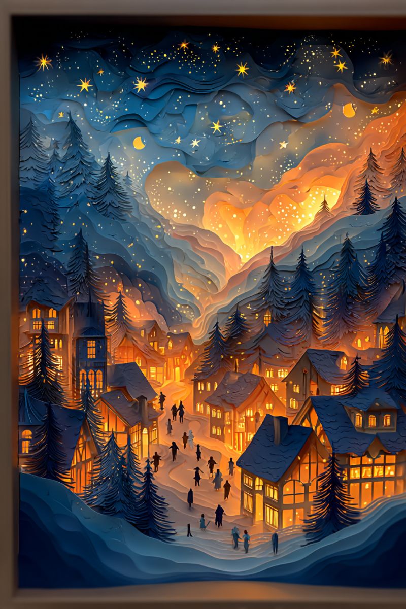 Night town sky stars moon trees houses people snow mountains fire winter nighttime painting winter village scene with a night sky. The village is nestled among pine trees, and the houses are warmly lit, creating a cozy atmosphere. The sky is a deep blue, adorned with twinkling stars and a crescent moon. The foreground shows people walking along a snowy path, some bundled in winter clothing. The houses have a rustic charm, with chimneys and glowing windows. The overall scene is illuminated by the soft glow of the lights, casting a gentle warmth over the snowy landscape.