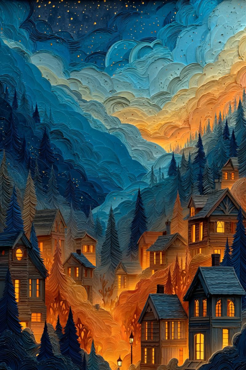Nuit ciel nuages maisons arbres montagnes feu chaleur texture profondeur perspective imagination fantaisie reve Un village serein, nocturne, niché dans une forêt montagneuse. Le village est composé de plusieurs maisons en bois, chacune avec des fenêtres chaudes et lumineuses, suggérant des intérieurs douillets. Les maisons sont disposées en rangée, certaines avec des cheminées et d'autres avec de petits porches. Le village est entouré de grands arbres verts sombres, créant un sentiment d'isolement. Le ciel au-dessus est un dégradé de bleus profonds et d'oranges, avec quelques étoiles scintillantes. Au premier plan, un chemin de pierre mène à un lampadaire, qui projette une douce lumière. La scène globale est conçue avec une apparence texturée et en couches, lui donnant une sensation tridimensionnelle.