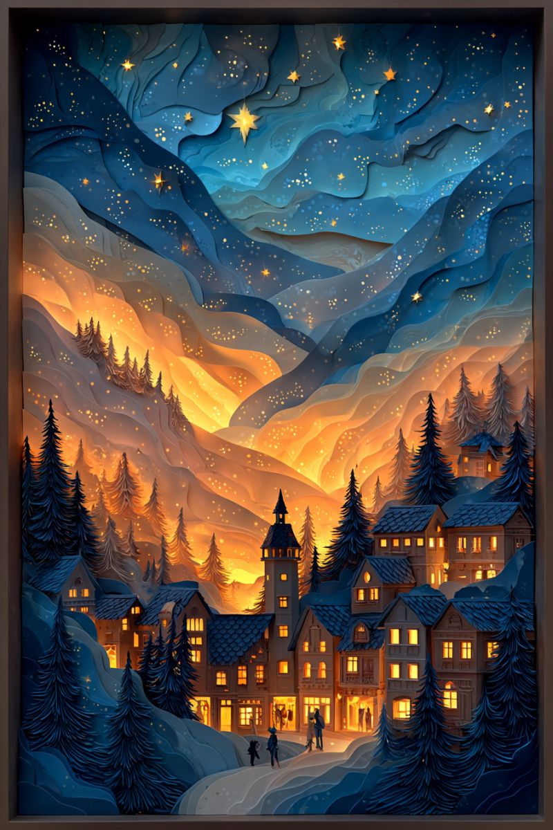 Nuit ciel etoiles montagnes arbres maisons gens neige batiments route village hiver Une illustration d'art en papier d'un village enneigé la nuit. Le village est niché entre des pins et des montagnes, avec des lumières jaunes chaudes émanant des fenêtres des maisons. Le ciel est d'un bleu profond, parsemé d'étoiles et d'une étoile jaune proéminente. L'avant-plan montre un chemin menant à un bâtiment avec une tour, où quelques personnes marchent. La scène est encadrée par une bordure sombre.