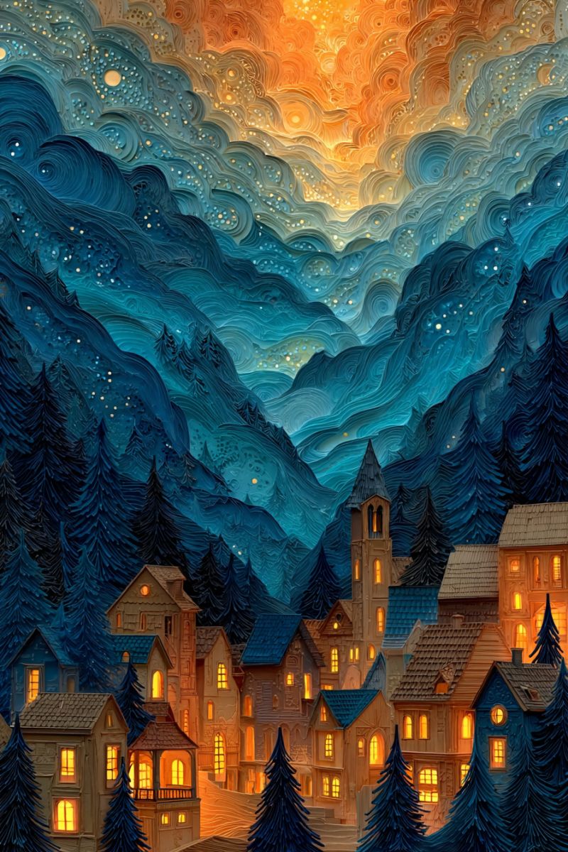Nuit ciel etoiles montagnes arbres maisons village ville architecture batiments fenetres lueur eclatante obscurite Village serein niché dans une vallée entouré d'imposants pins. Le village est illuminé par la douce lueur des lumières provenant des fenêtres des maisons, créant une atmosphère chaleureuse et accueillante. Le ciel au-dessus est un mélange époustouflant de bleus profonds et d'oranges, avec des nuages tourbillonnants et quelques étoiles scintillant au loin. Les montagnes en arrière-plan sont couvertes d'une couverture d'arbres vert foncé, ajoutant au cadre pittoresque. La scène globale évoque un sentiment de tranquillité et d'émerveillement, comme si l'on pouvait entrer dans l'image et vivre la beauté de première main.