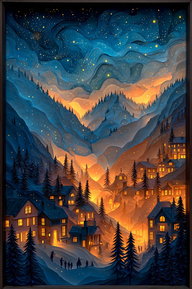 Nuit ciel etoiles montagnes arbres maisons gens neige village hiver lueur chaleur Scène sereine de nuit d'hiver avec un village niché dans une vallée entourée de montagnes. Le ciel est d'un bleu profond, orné de nombreuses étoiles et d'une pleine lune resplendissante. Le village est illuminé par des lumières jaunes chaleureuses provenant des fenêtres des maisons, créant une atmosphère chaleureuse et accueillante. Les maisons sont entourées de pins, et il y a des gens qui marchent au premier plan, profitant peut-être de la nuit d'hiver. Les montagnes en arrière-plan sont couvertes de neige, et la scène dans son ensemble a une qualité magique et tranquille.