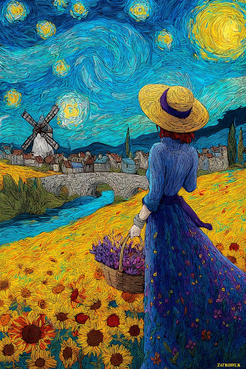 Painting woman field sunflowers bridge town river windmill sky night stars moon impressionism post colorful van gogh starry In a vibrant and stylized painting, a woman stands in a field of sunflowers, her back turned to the viewer. She wears a long blue dress and a wide-brimmed straw hat. She holds a basket filled with purple flowers in her right hand. The field is bathed in a warm, golden light, and the sunflowers stretch out in all directions. In the background, a windmill stands tall, and a bridge crosses a river. The sky is a deep blue, swirling with yellow and white stars, reminiscent of Van Gogh's 