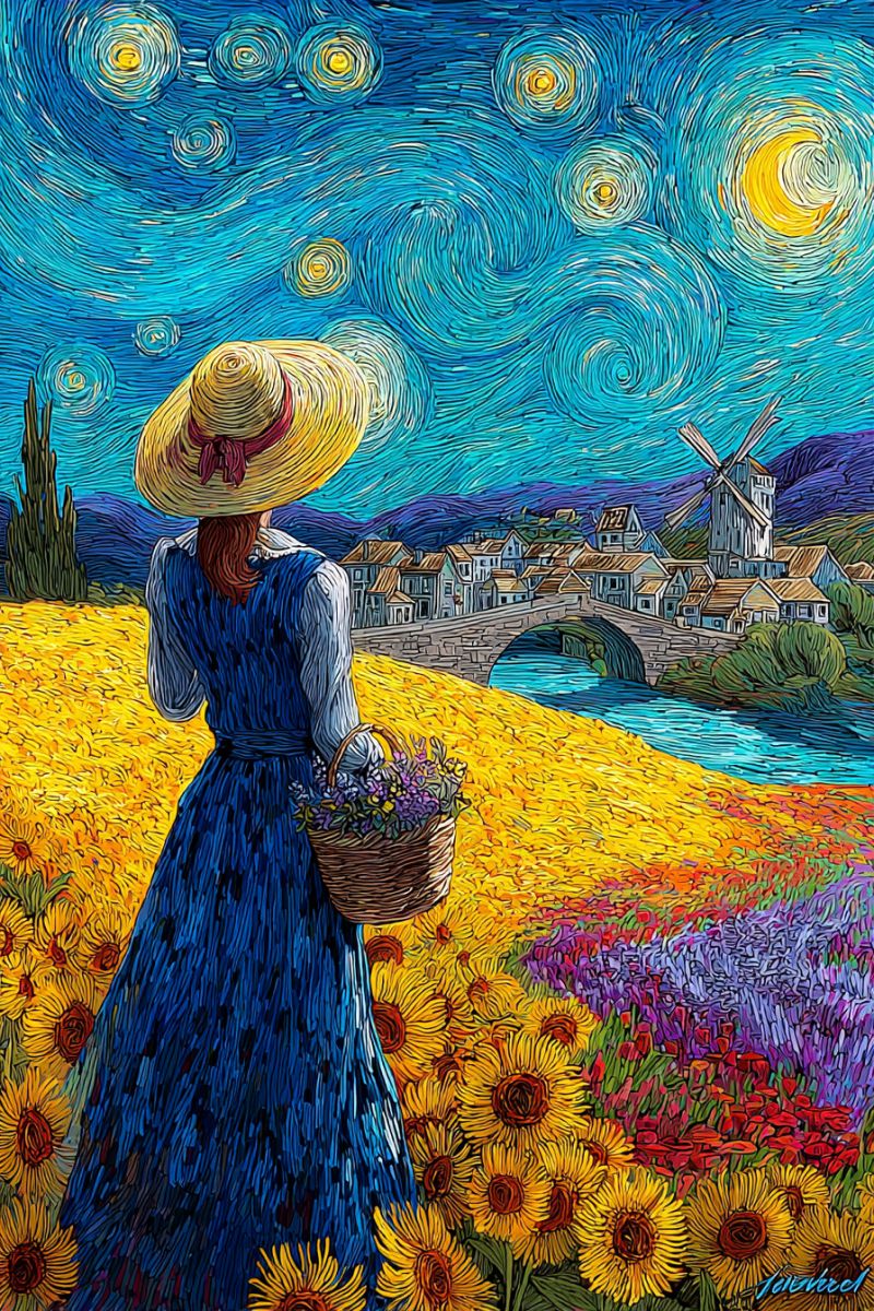 Femme champ fleurs tournesols panier chapeau robe etoiles lune village pont riviere moulin vent impressionnisme nuit ciel van gogh Une femme en robe bleue et chapeau de paille se tient dans un champ de tournesols, tenant un panier de fleurs. Le ciel est peint de bleus et jaunes tourbillonnants, rappelant 