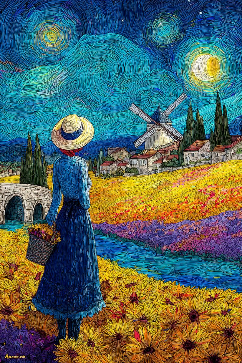 Painting woman field flowers night sky stars moon sunflowers bridge village mill trees water impressionist colorful vintage A woman stands in a field of sunflowers, holding a basket of flowers. She wears a blue dress and a wide-brimmed hat. The field is vibrant with yellow and purple flowers. Behind her, a river flows with a stone bridge. In the distance, a windmill stands near a village with stone houses. The sky is a deep blue with swirling patterns, illuminated by a bright moon and stars.