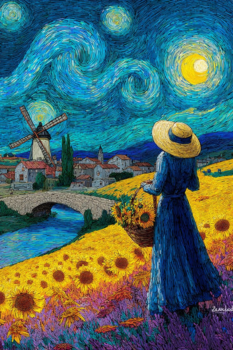 Painting woman field sunflowers bridge village windmill night sky stars moon basket flowers impressionism post impressionist van gogh In a vibrant painting, a woman stands in a sunflower field under a starry night sky. She wears a wide-brimmed hat and holds a basket filled with sunflowers. The sky is a deep blue with swirling patterns of stars and a bright yellow moon. Behind her, a windmill stands tall, and in the distance, a small village with stone buildings is visible. A river flows beneath a stone bridge, adding to the serene landscape. The sunflowers are bright yellow, and the field is a mix of yellow and purple hues.