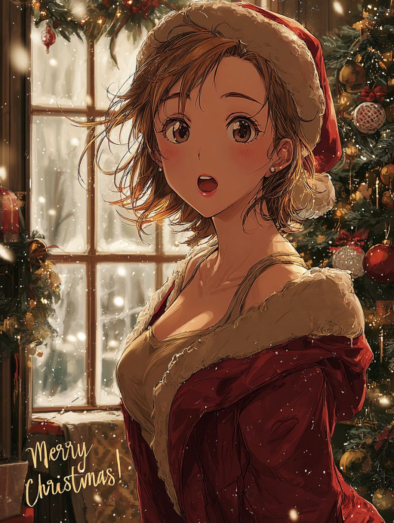 Anime girl christmas decorations snow window festive winter holiday cartoon santa hat red dress fur collar surprised expression tree snowy merry An anime-style illustration of a woman dressed in a festive red and white outfit, standing in front of a Christmas tree. She has long, wavy brown hair and is wearing a Santa hat with a red ribbon. Her mouth is slightly open, and she has a surprised expression on her face. The background features a window with a view of a snowy landscape and a Christmas tree adorned with ornaments. The image has a warm, festive atmosphere, and the text 